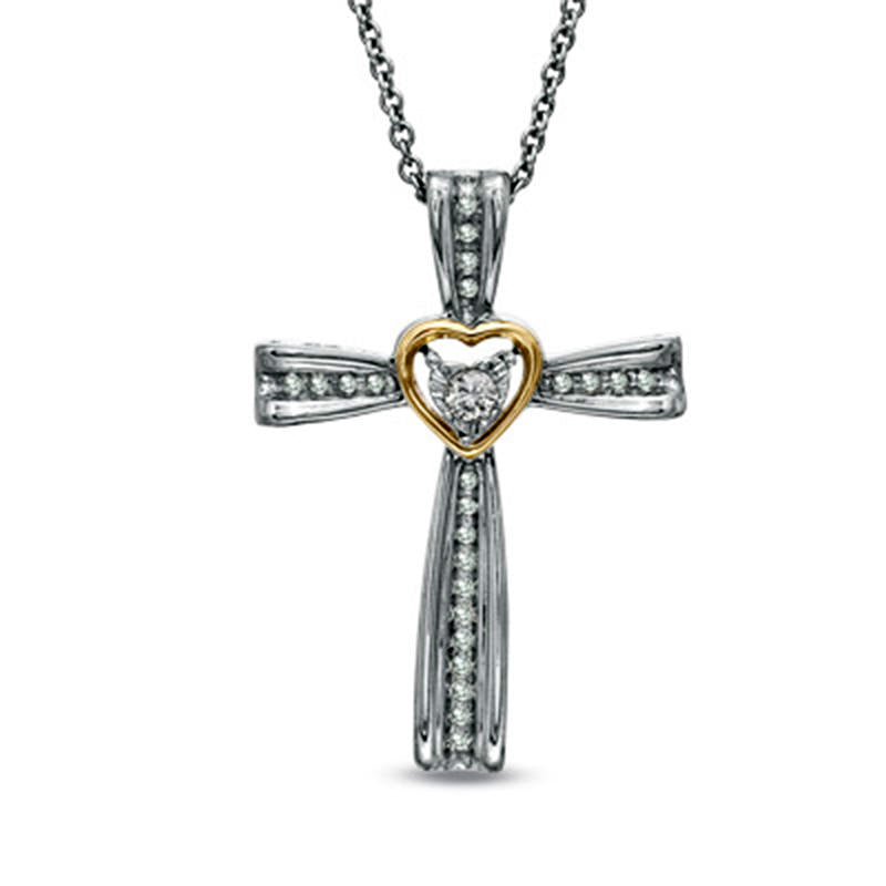 0.1 CT. T.W. Natural Diamond Heart in Cross Pendant in Sterling Silver and 10K Rose Gold