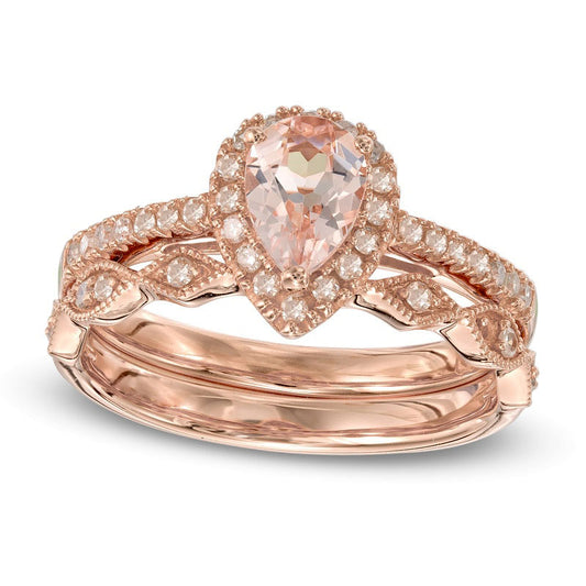 Pear-Shaped Morganite and 0.25 CT. T.W. Natural Diamond Frame Antique Vintage-Style Bridal Engagement Ring Set in Solid 14K Rose Gold