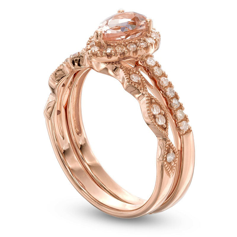 Pear-Shaped Morganite and 0.25 CT. T.W. Natural Diamond Frame Antique Vintage-Style Bridal Engagement Ring Set in Solid 14K Rose Gold