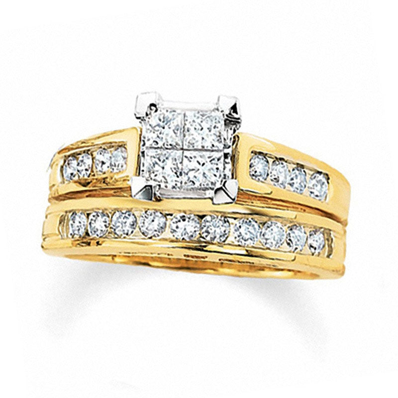 2.0 CT. T.W. Quad Princess-Cut Natural Diamond Bridal Engagement Ring Set in Solid 14K Gold