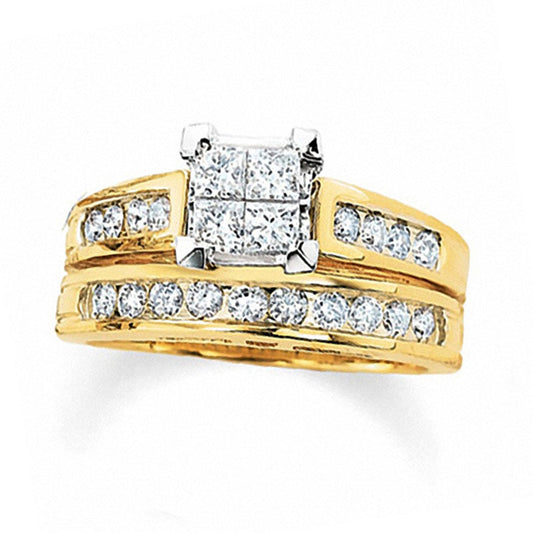 2.0 CT. T.W. Quad Princess-Cut Natural Diamond Bridal Engagement Ring Set in Solid 14K Gold