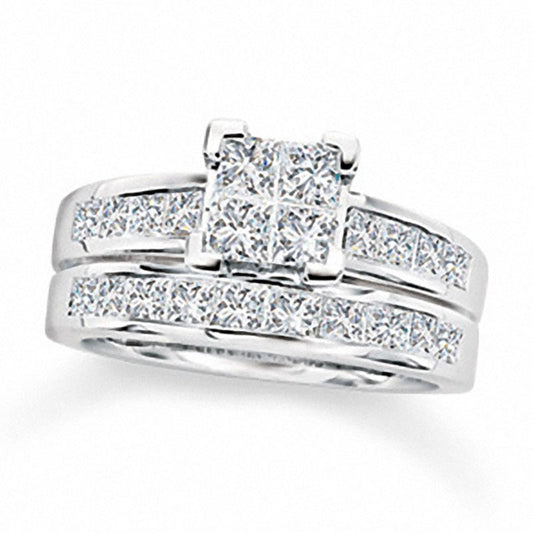 2.0 CT. T.W. Quad Princess-Cut Natural Diamond Bridal Engagement Ring Set in Solid 14K White Gold