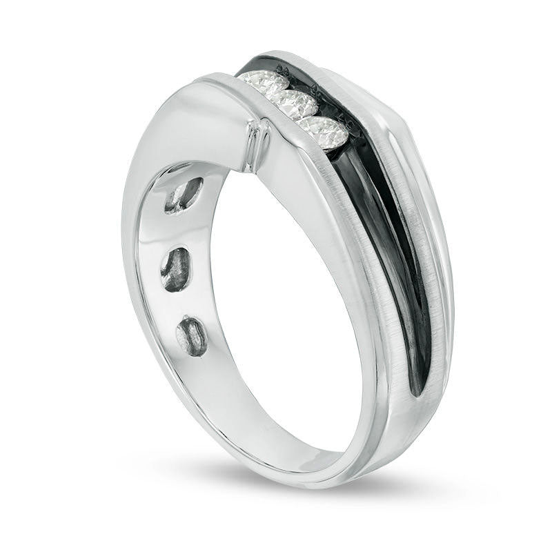 Men's 0.50 CT. T.W. Natural Diamond Three Stone Slant Wedding Band in Solid 10K White Gold and Black Rhodium