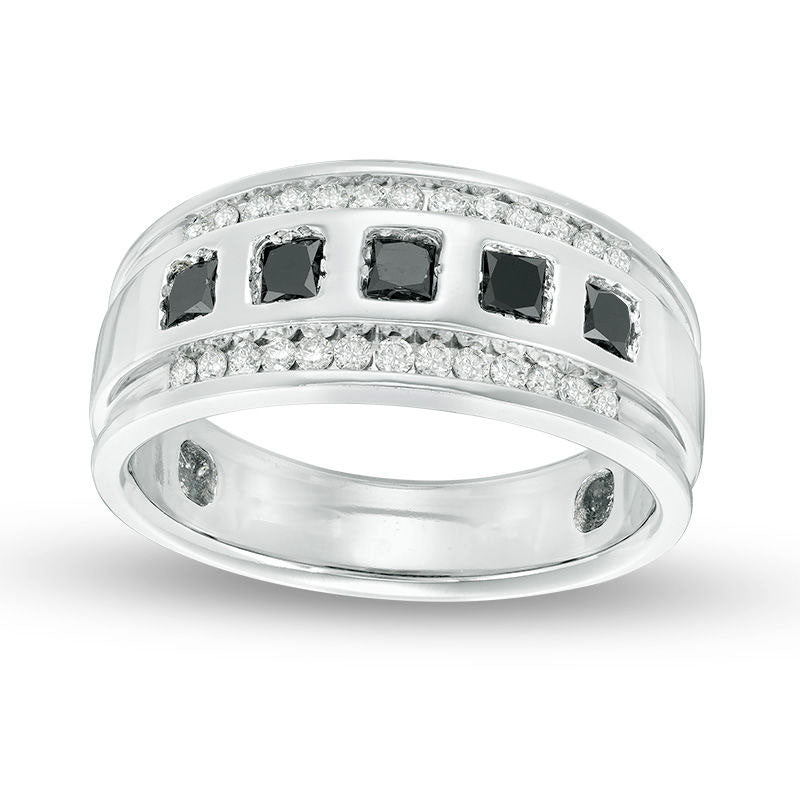 Men's 1.0 CT. T.W. Enhanced Black and White Natural Diamond Five Stone Wedding Band in Solid 14K White Gold