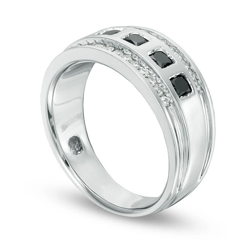 Men's 1.0 CT. T.W. Enhanced Black and White Natural Diamond Five Stone Wedding Band in Solid 14K White Gold