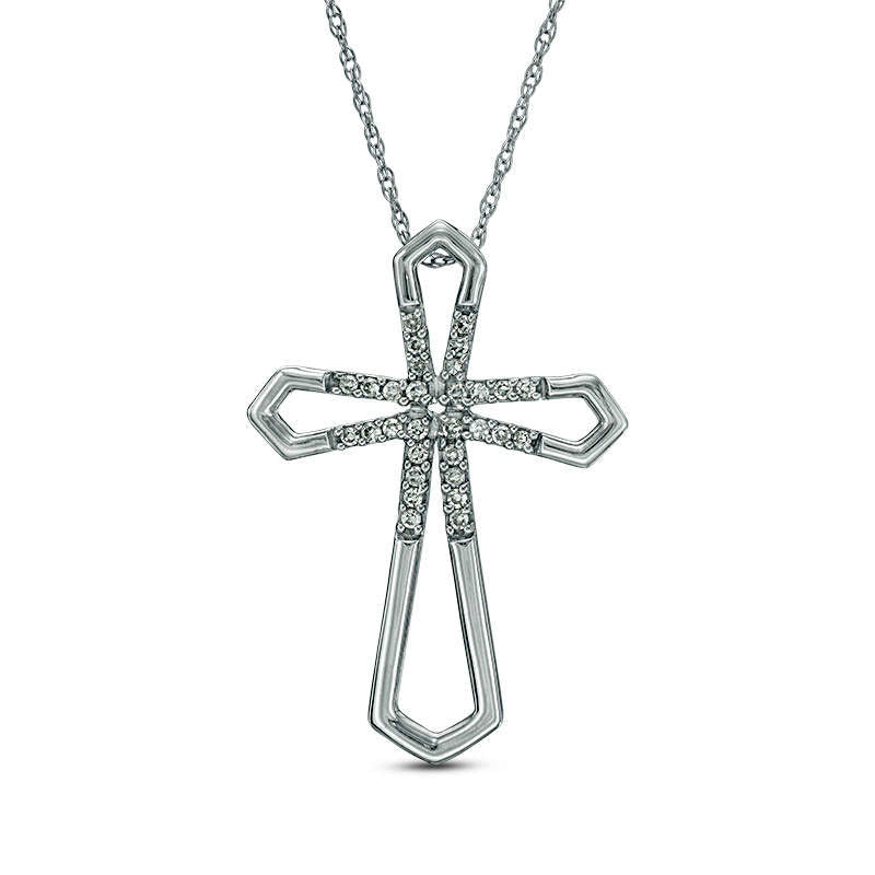 0.1 CT. T.W. Natural Diamond Open Cross Pendant in 10K White Gold