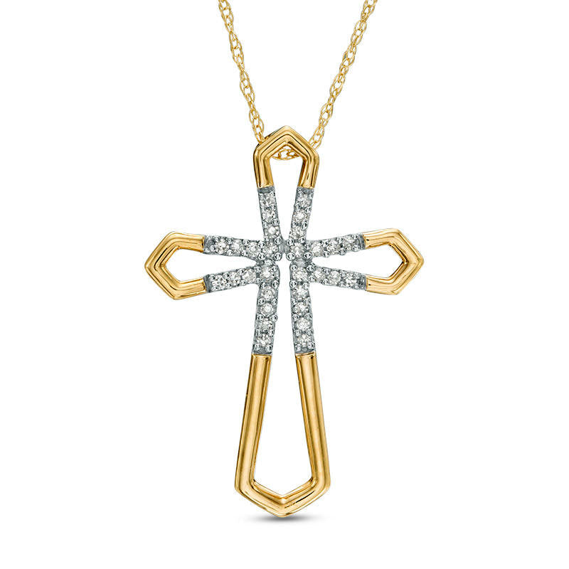 0.1 CT. T.W. Natural Diamond Open Cross Pendant in 10K Yellow Gold