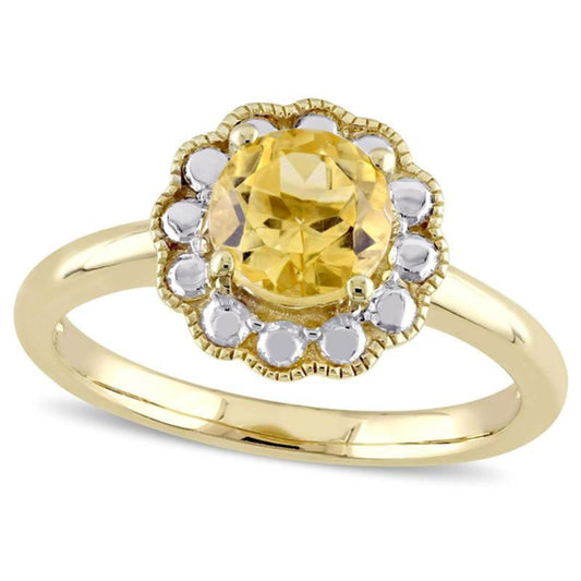 6.5mm Citrine Flower Antique Vintage-Style Ring in Solid 10K Yellow Gold