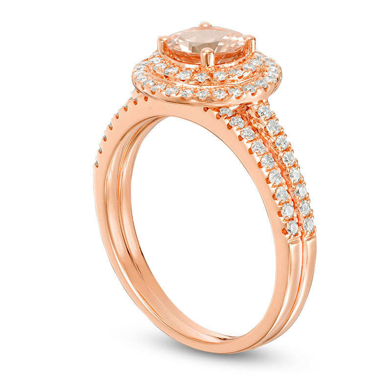 6.0mm Morganite and 0.38 CT. T.W. Natural Diamond Double Frame Bridal Engagement Ring Set in Solid 14K Rose Gold