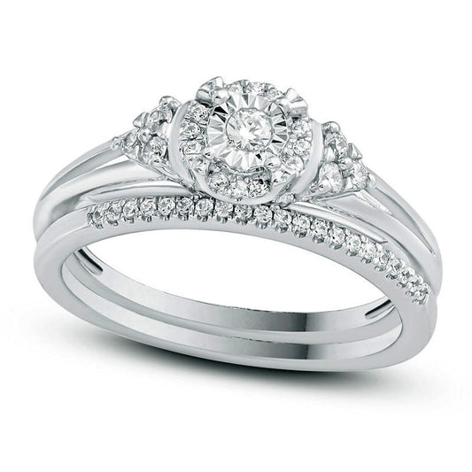 0.25 CT. T.W. Natural Diamond Frame Tri-Sides Bridal Engagement Ring Set in Sterling Silver