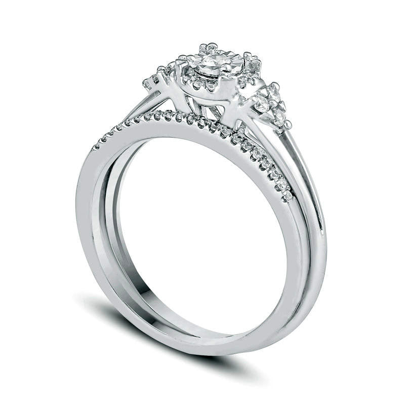 0.25 CT. T.W. Natural Diamond Frame Tri-Sides Bridal Engagement Ring Set in Sterling Silver