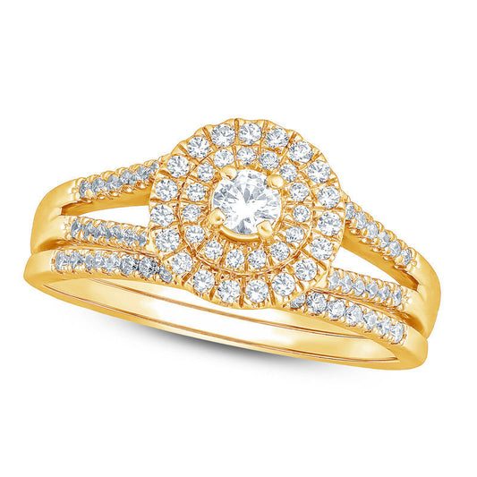 0.50 CT. T.W. Natural Diamond Double Frame Bridal Engagement Ring Set in Solid 10K Yellow Gold