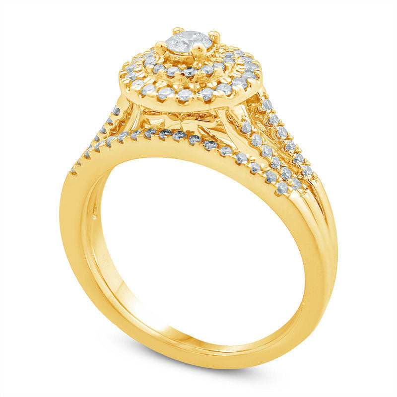 0.50 CT. T.W. Natural Diamond Double Frame Bridal Engagement Ring Set in Solid 10K Yellow Gold