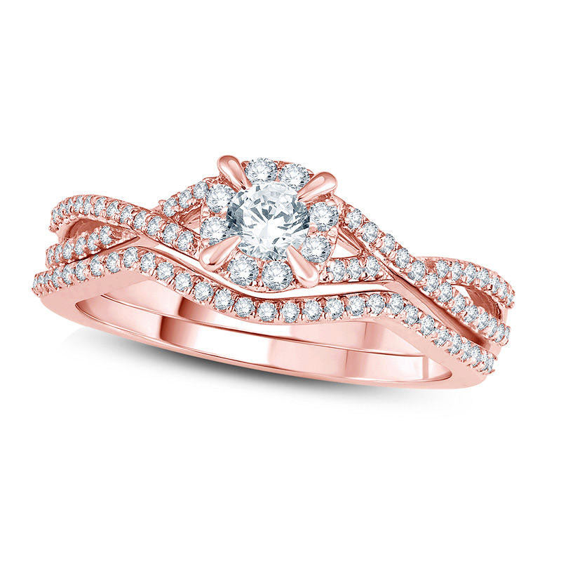 0.50 CT. T.W. Natural Diamond Frame Twist Bridal Engagement Ring Set in Solid 14K Rose Gold