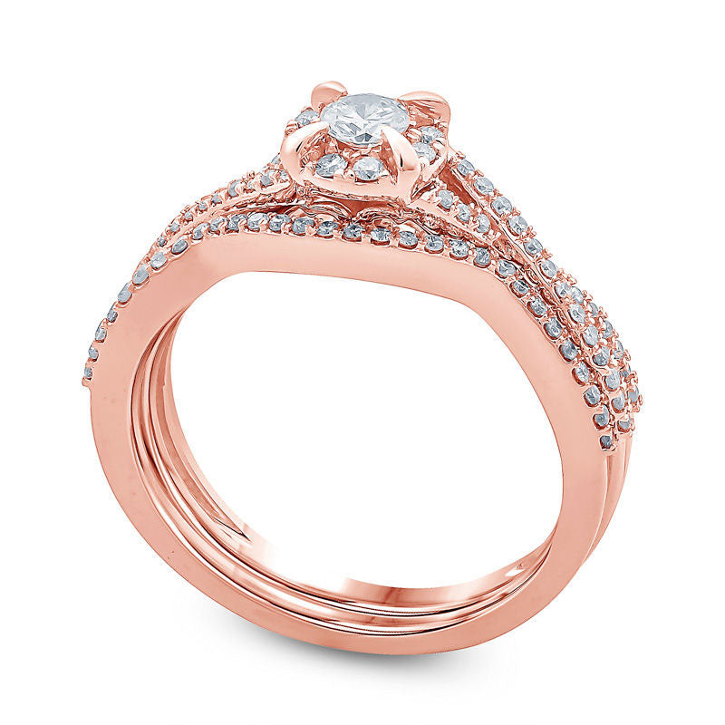 0.50 CT. T.W. Natural Diamond Frame Twist Bridal Engagement Ring Set in Solid 14K Rose Gold