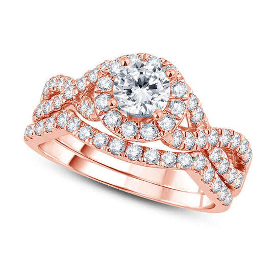 1.38 CT. T.W. Natural Diamond Frame Twist Bridal Engagement Ring Set in Solid 14K Rose Gold