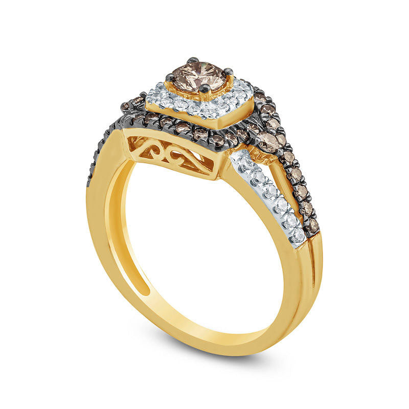 1.0 CT. T.W. Champagne and White Natural Diamond Frame Split Shank Engagement Ring in Solid 10K Yellow Gold