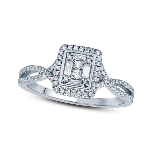 0.33 CT. T.W. Composite Natural Diamond Rectangle Frame Split Shank Engagement Ring in Solid 10K White Gold