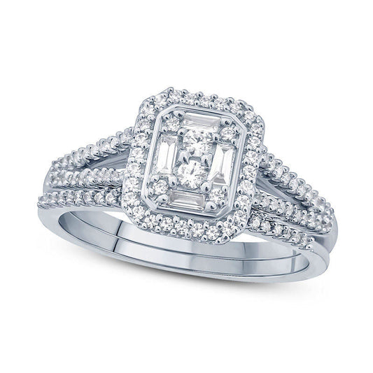 0.38 CT. T.W. Composite Natural Diamond Rectangle Frame Split Shank Bridal Engagement Ring Set in Solid 10K White Gold