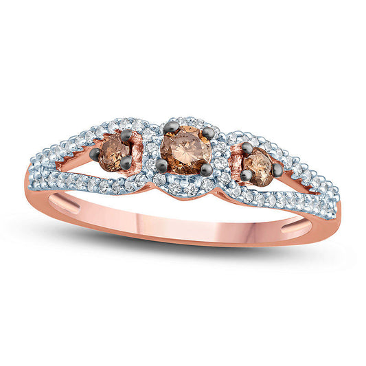 0.50 CT. T.W. Champagne and White Natural Diamond Three Stone Engagement Ring in Solid 10K Rose Gold