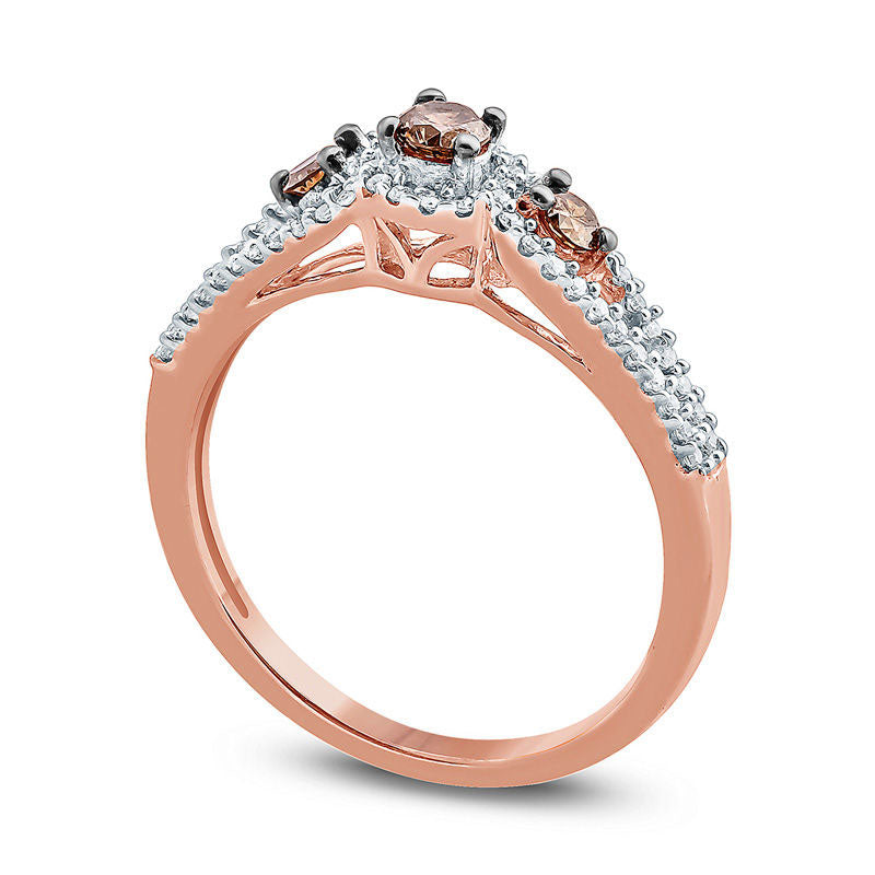 0.50 CT. T.W. Champagne and White Natural Diamond Three Stone Engagement Ring in Solid 10K Rose Gold