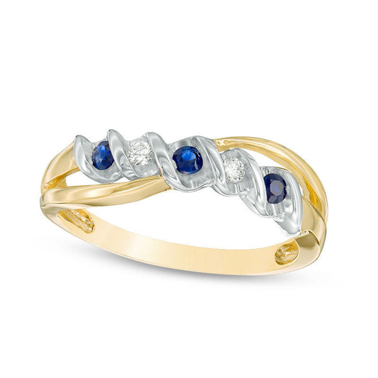 Blue Sapphire and Natural Diamond Accent Split Shank Overlay Ring in Solid 10K Two-Tone Gold