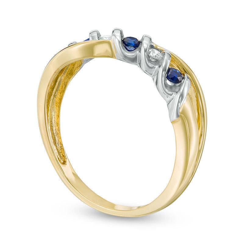 Blue Sapphire and Natural Diamond Accent Split Shank Overlay Ring in Solid 10K Two-Tone Gold