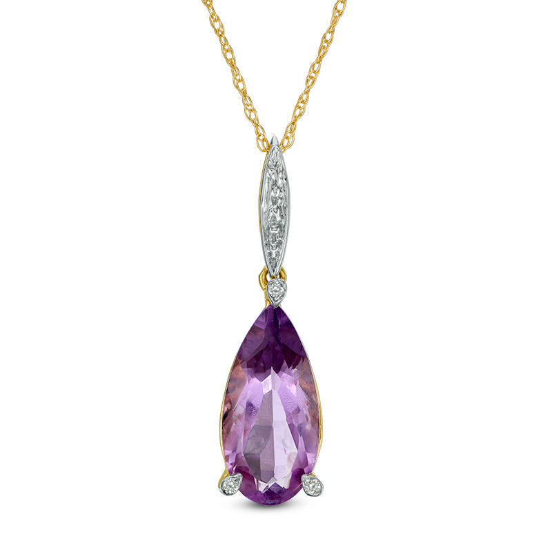 Pear-Shaped Rose de France Amethyst and Natural Diamond Accent Drop Pendant in 10K Yellow Gold