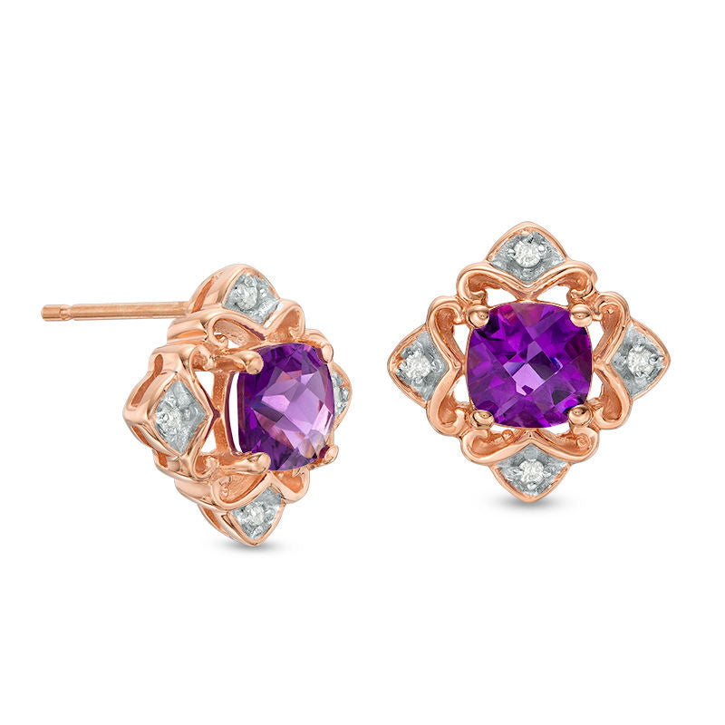 5.0mm Cushion-Cut Amethyst and Diamond Accent Art Deco Stud Earrings in 10K Rose Gold