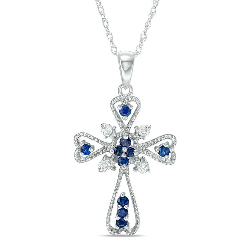 Blue Sapphire and 0.1 CT. T.W. Natural Diamond Gothic-Style Cross Pendant in 10K White Gold