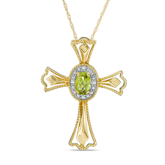 Oval Peridot and Natural Diamond Accent Gothic-Style Cross Pendant in 10K Yellow Gold