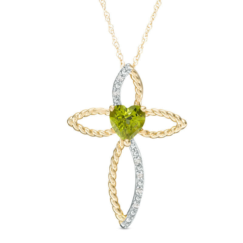 6.0mm Heart-Shaped Peridot and Natural Diamond Accent Cross Pendant in 10K Yellow Gold