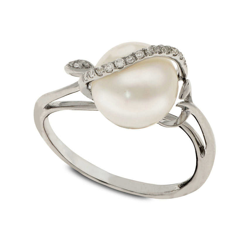 9.0 - 9.5mm Cultured Freshwater Pearl and Natural Diamond Accent Ring in Solid 14K White Gold