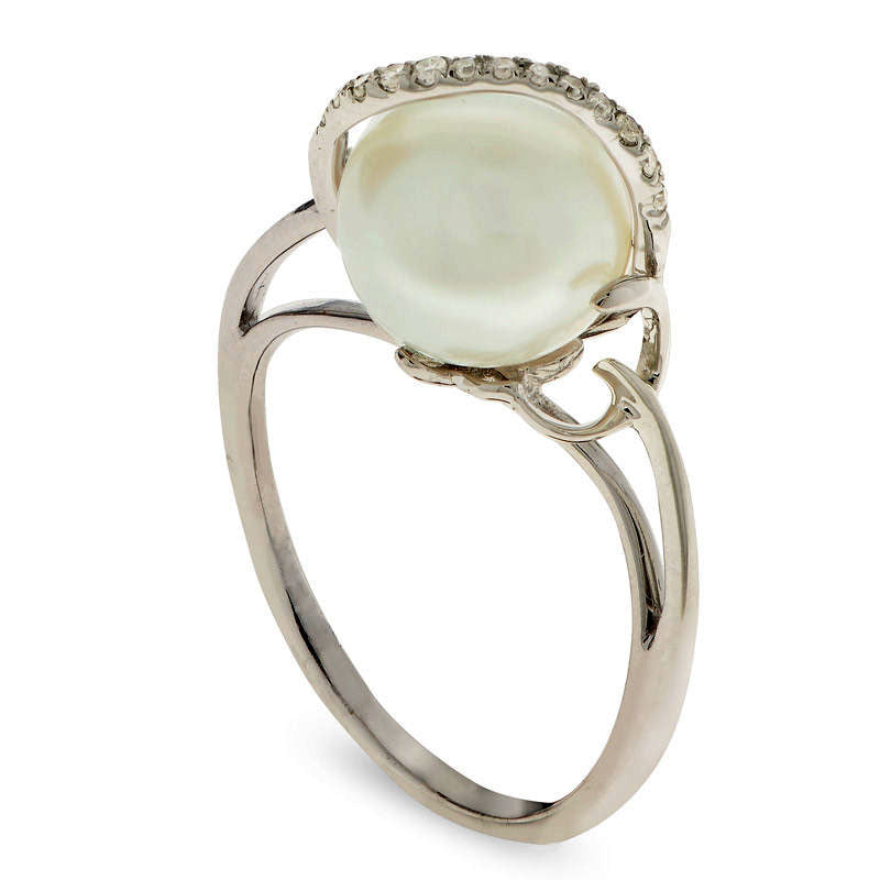 9.0 - 9.5mm Cultured Freshwater Pearl and Natural Diamond Accent Ring in Solid 14K White Gold