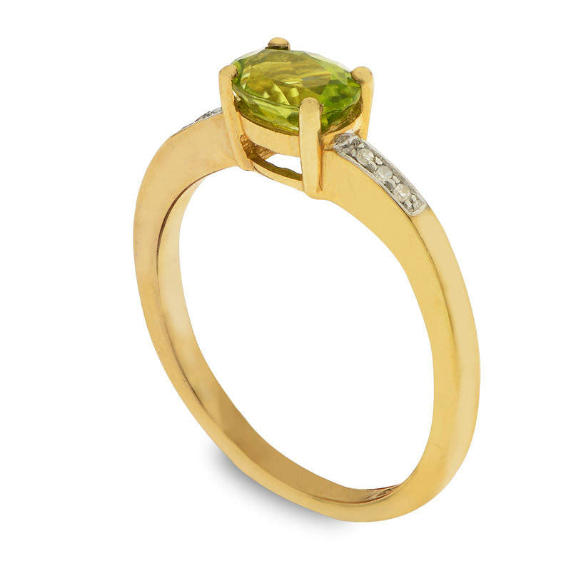 Oval Peridot and Natural Diamond Accent Ring in Solid 10K Yellow Gold