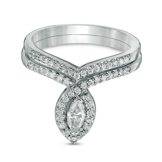 0.50 CT. T.W. Marquise Natural Diamond Frame Bridal Engagement Ring Set in Solid 10K White Gold