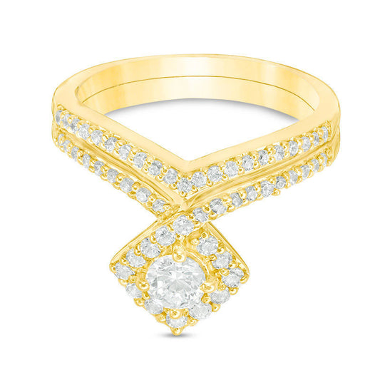 0.75 CT. T.W. Natural Diamond Tilted Cushion Frame Bridal Engagement Ring Set in Solid 10K Yellow Gold