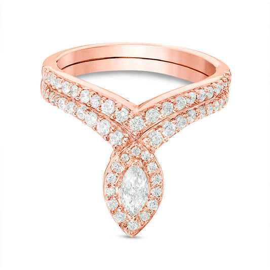 0.75 CT. T.W. Marquise Natural Diamond Frame Bridal Engagement Ring Set in Solid 10K Rose Gold