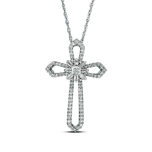 0.2 CT. T.W. Baguette and Round Natural Diamond Star Cross Pendant in 10K White Gold