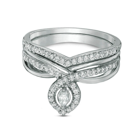 0.33 CT. T.W. Marquise Natural Diamond Frame Twist Shank Bridal Engagement Ring Set in Sterling Silver