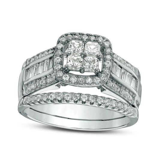 Quad Princess-Cut Lab-Created White Sapphire Frame Bridal Engagement Ring Set in Sterling Silver