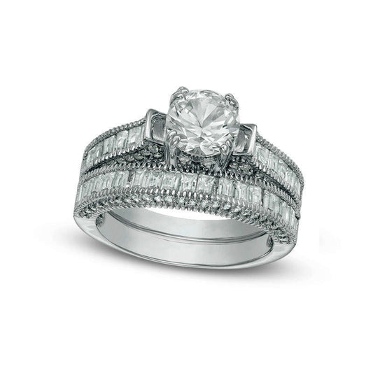 7.0mm Princess-Cut Lab-Created White Sapphire Bridal Engagement Ring Set in Sterling Silver