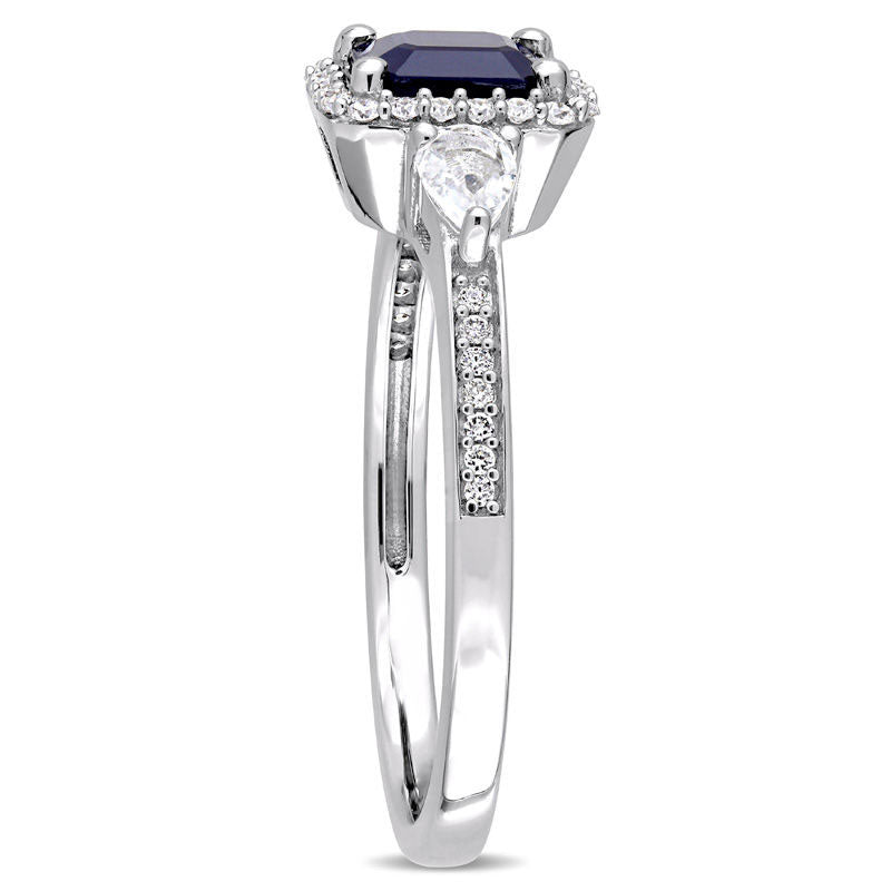 Emerald-Cut Blue and White Sapphire and 0.17 CT. T.W. Natural Diamond Frame Three Stone Engagement Ring in Solid 14K White Gold