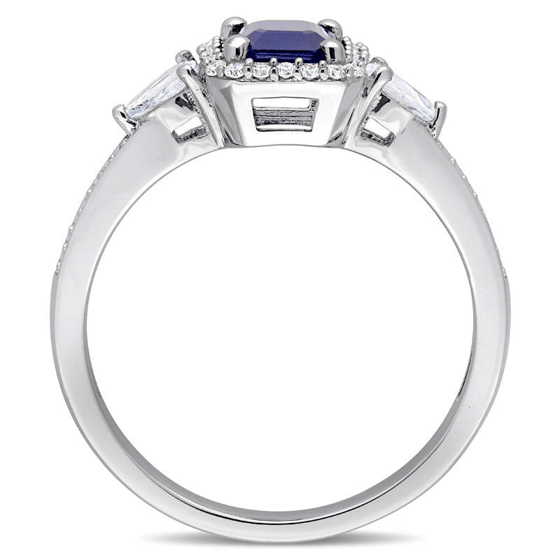 Emerald-Cut Blue and White Sapphire and 0.17 CT. T.W. Natural Diamond Frame Three Stone Engagement Ring in Solid 14K White Gold