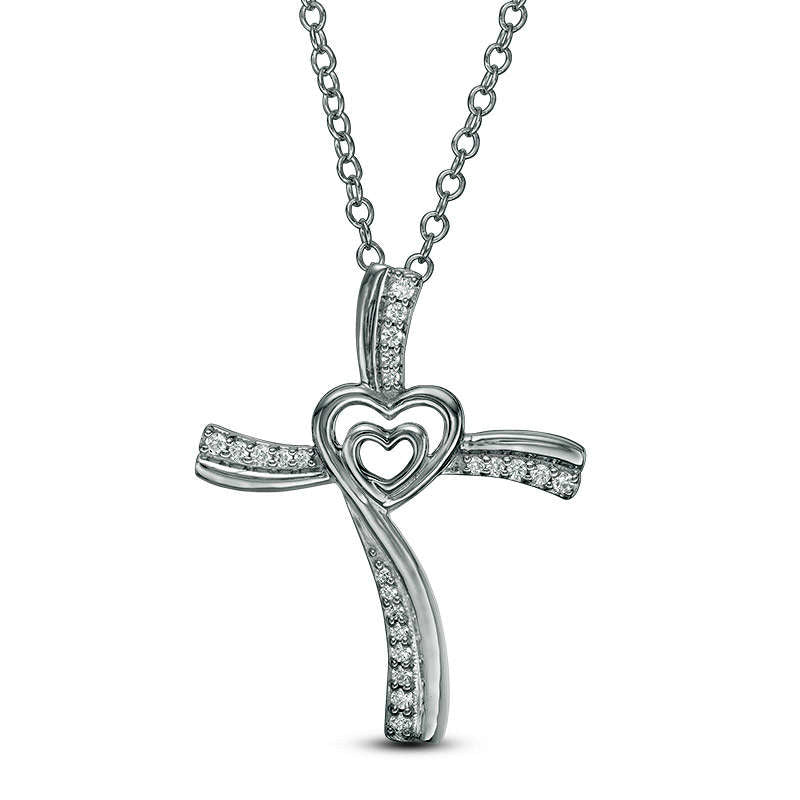 0.1 CT. T.W. Natural Diamond Double Heart Cross Pendant in 10K White Gold