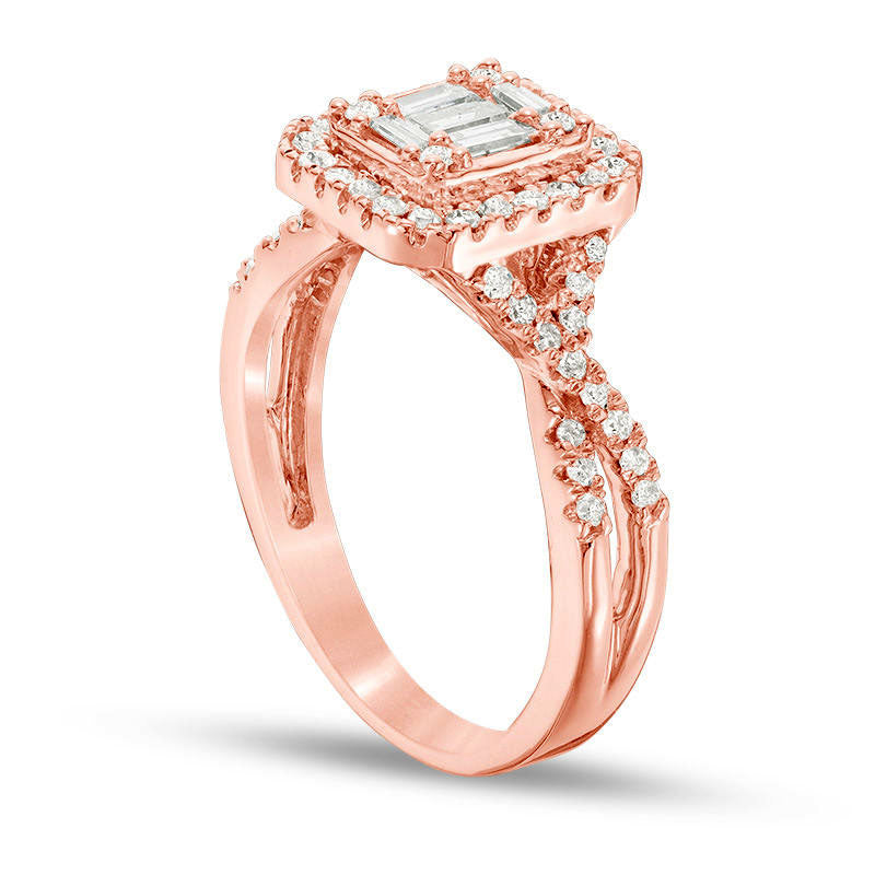 0.63 CT. T.W. Baguette and Round Composite Natural Diamond Cushion Frame Twist Engagement Ring in Solid 14K Rose Gold