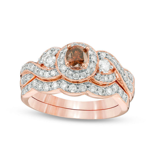 1.0 CT. T.W. Enhanced Champagne and White Natural Diamond Frame Twist Antique Vintage-Style Bridal Engagement Ring Set in Solid 14K Rose Gold