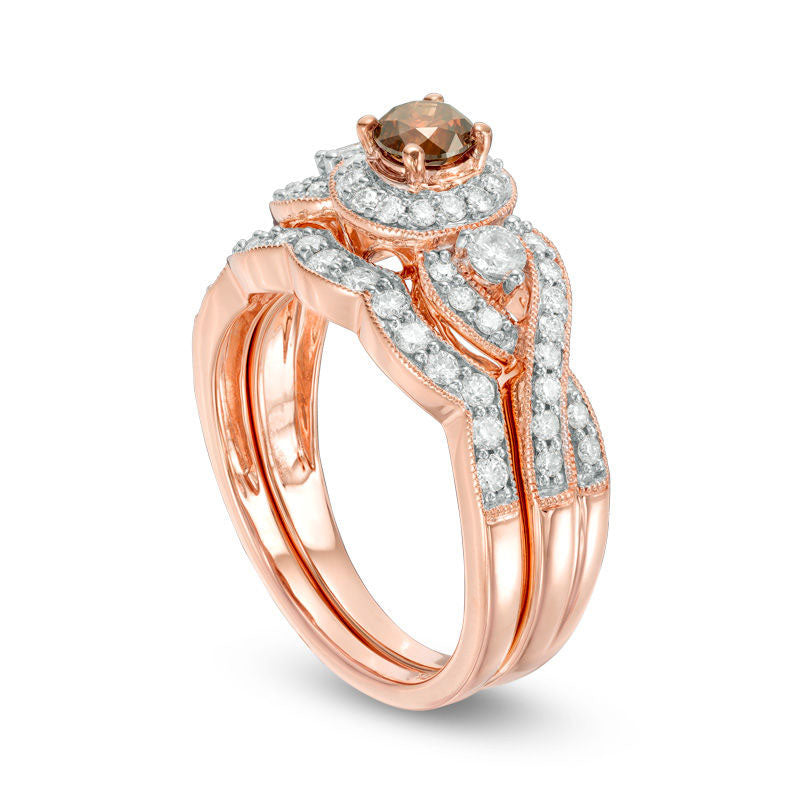 1.0 CT. T.W. Enhanced Champagne and White Natural Diamond Frame Twist Antique Vintage-Style Bridal Engagement Ring Set in Solid 14K Rose Gold