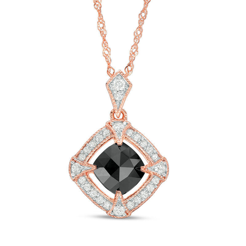 1.13 CT. T.W. Cushion-Cut Enhanced Black and White Natural Diamond Frame Antique Vintage-Style Pendant in 10K Rose Gold - 17"