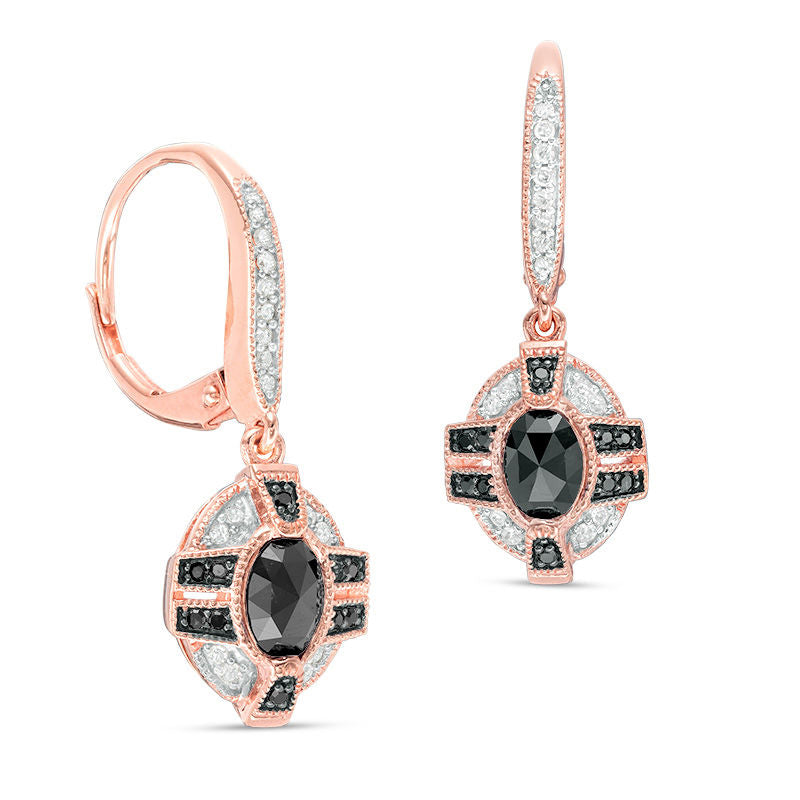 1.25 CT. T.W. Oval Enhanced Black and White Diamond Frame Vintage-Style Drop Earrings in 10K Rose Gold